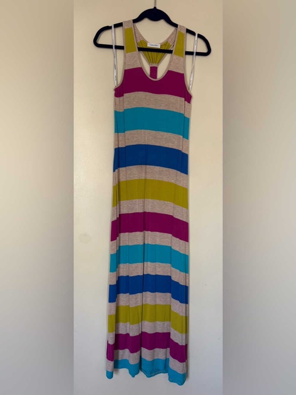 Calvin Klein Striped Racerback Maxi Dress in Magenta, Teal & Lime